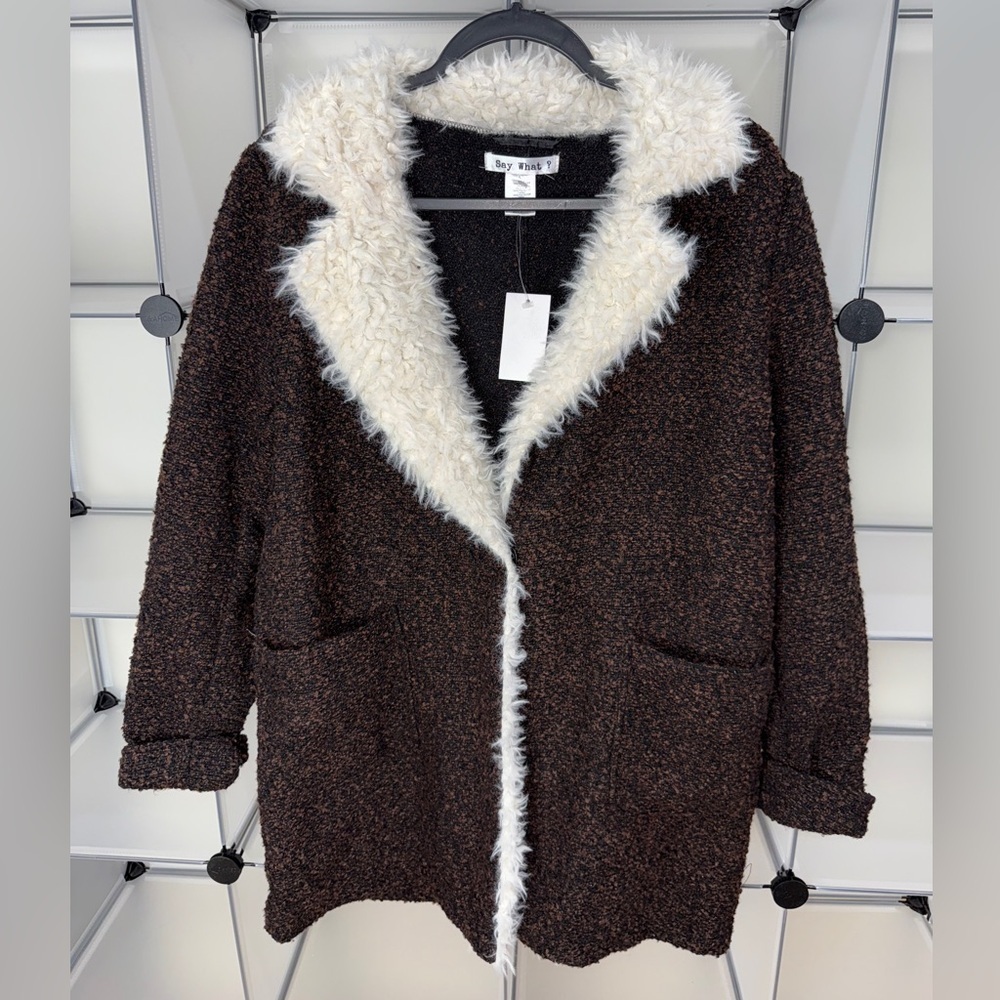 Say What? Womens Fur Fux Open Front Jacket Size L Brown/Ivory NWT